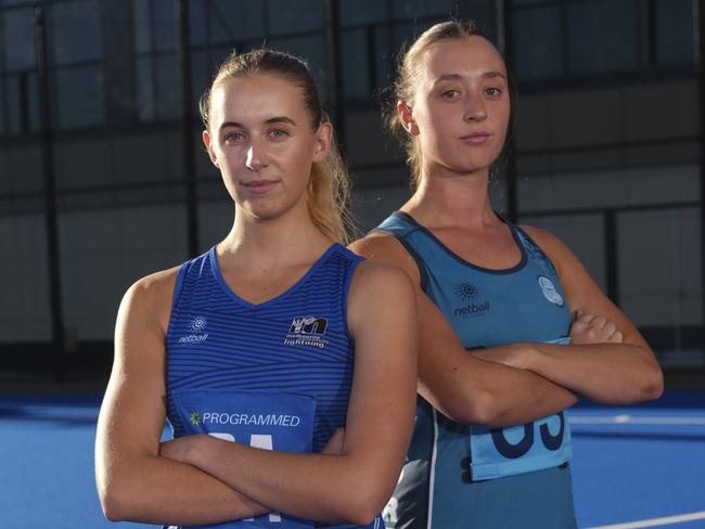 Claudia Mawson (Melbourne University Lighting) and Bella Hodgson (Boroondara Express) ahead of the 2025 Victorian Netball League season. Picture: Netball Victoria