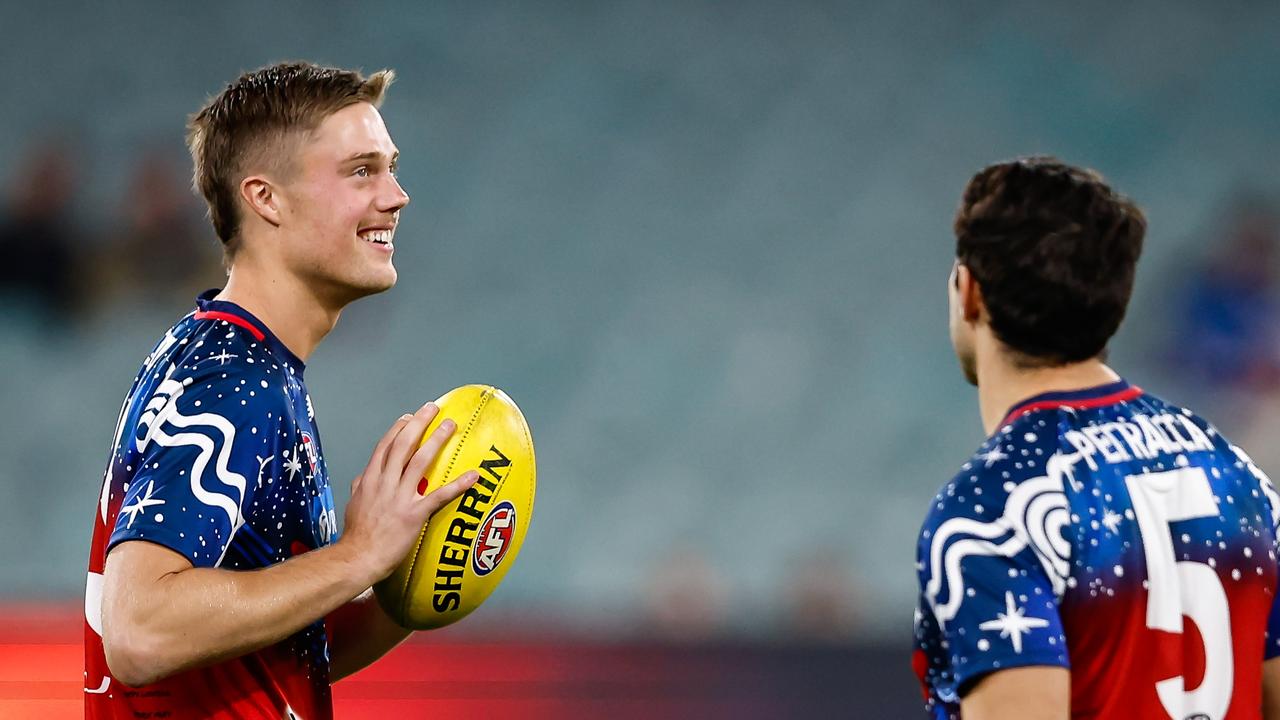 Josh Schache impressed coach Simon Goodwin despite being held to nine possessions and a goal in his club debut against North Melbourne. Picture: Dylan Burns / Getty Images