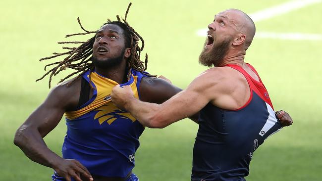 Nic Naitanui and Max Gawn battle in the ruck at Perth Stadium in Round 1. Picture: Getty Images