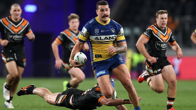 Reagan Campbell-Gillard breaks the Tigers’ defence to score a long-range try at Bankwest Stadium. Picture: Phil Hillyard