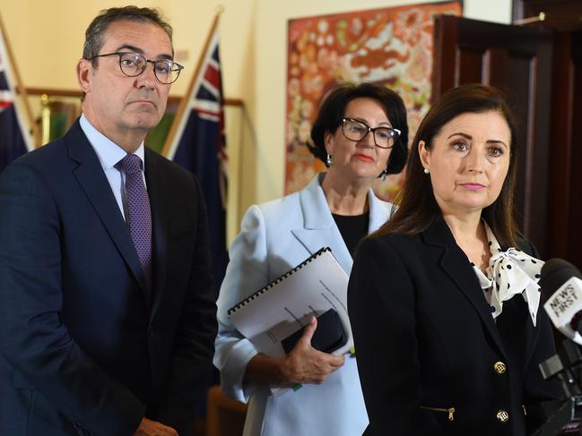 Premier Steven Marshall, Attorney-General Vickie Chapman and Minister Rachel Sanderson addressed the Rice Review on Tuesday. Picture: Naomi Jellicoe