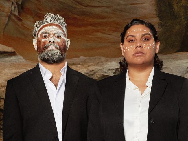 Promo image from Sept 2023 production of The Visitors play, written by Jane Harrison. It is a co-production with Sydney Theatre Company and Moogahlin Performing Arts.