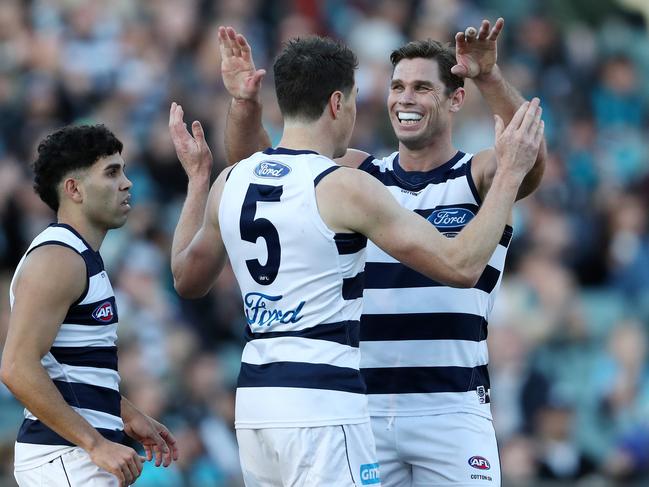 If Tom Hawkins is out, who will partner Tyson Stengle and Jeremy Cameron up forward? Picture: Sarah Reed/AFL Photos via Getty Images