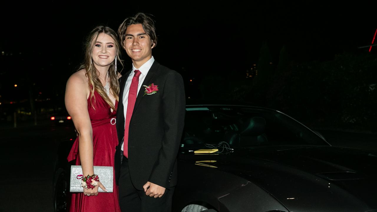 Chloe Gavin and Tris Hughes-Fischer arrived in style at the Southern Cross Catholic College. Photo: Studio Kirby