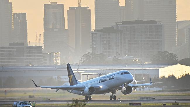 The first Alliance Aviation Embraer 190, landing at Brisbane airport last year. Picture: Lyndon Mechielsen