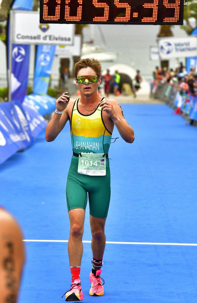 Sunshine Coast athlete Josh Shanahan crosses the finish line at the Sprint Distance Duathlon Championships in Ibiza, Spain. Picture: FinisherPix