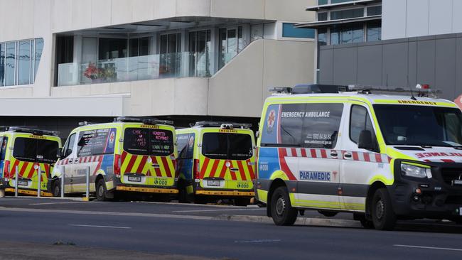 Some of the 11 ambulances ramped at Geelong hospital on August 7. Picture: Alison Wynd