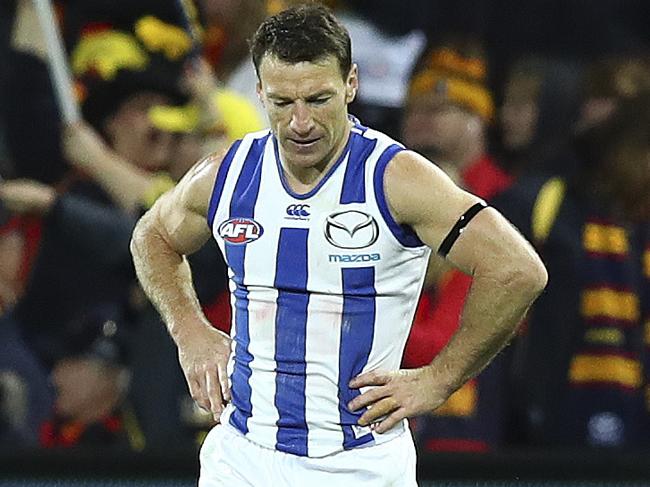 AFL - Elimination Final - Adelaide Crows v North Melbourne at Adelaide Oval. Brent Boomer Harvey bows his head as another Adelaide goal is recorded. Picture Sarah Reed