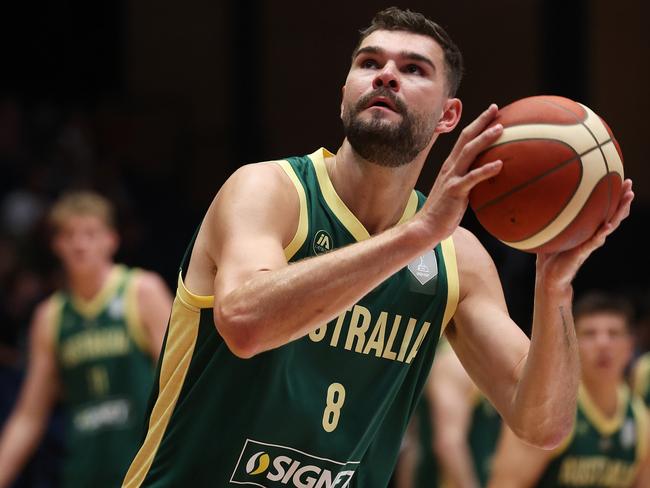 BENDIGO, AUSTRALIA - FEBRUARY 22: Isaac Humphries of Australia warms up before the FIBA Asia Cup 2025 Qualifying match between Australia Boomers and Korea at Red Energy Arena on February 22, 2024 in Bendigo, Australia. (Photo by Daniel Pockett/Getty Images)