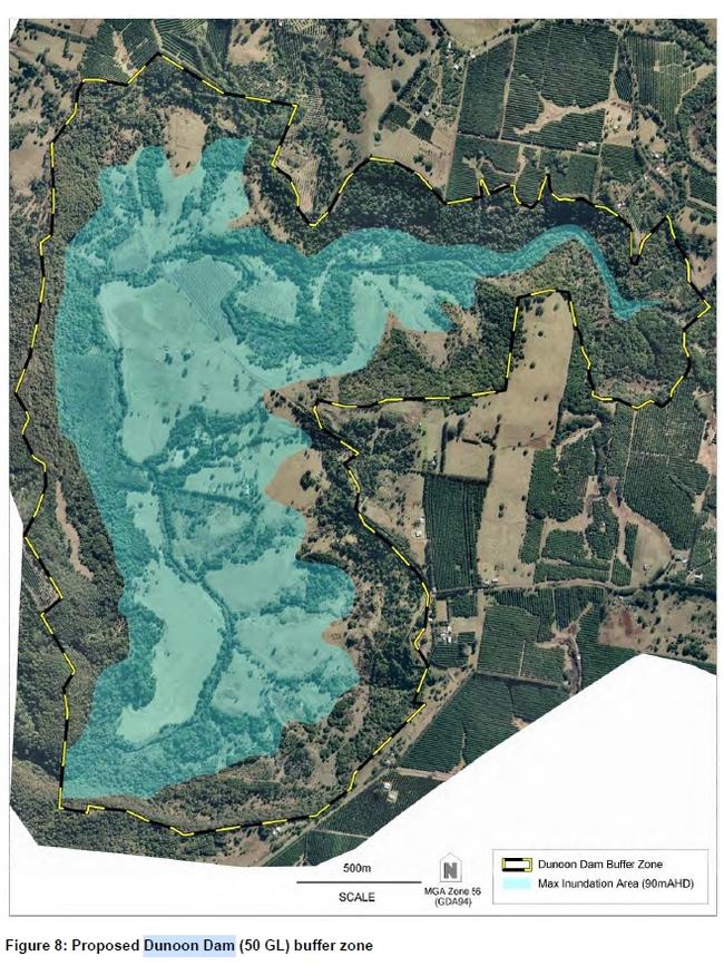 The catchment and buffer zones of the proposed Dunoon Dam.