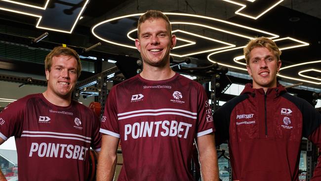 Daily Telegraph. 05, August, 2024.Manly Sea Eagles brothers Jake, Tom and Ben Trbojevic, at 4 Pines Oval, Brookvale, today.Picture: Justin Lloyd.