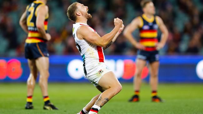 St Kilda’s Dean Kent celebrates after kicking a goal against the Crows at Adelaide Oval. Picture: Getty Images