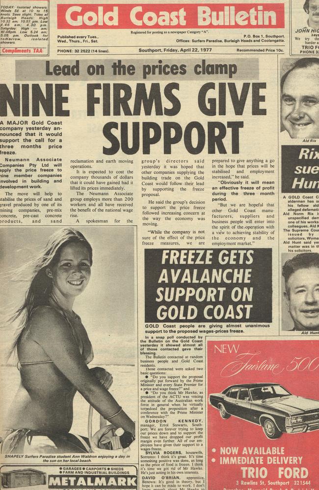 Gold Coast Bulletin 1977, April 22. Front page.