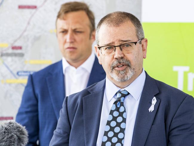 Acting Chief Health Officer Peter Aitken (front) with Deputy Premier Steven Miles today. Picture: Richard Walker