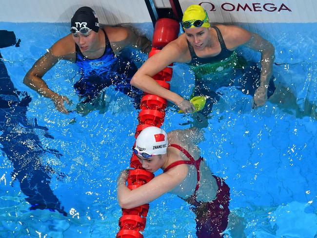 USA's Torri Huske (L), third-placed Australia's Emma McKeon (R) and second-placed China's Zhang Yufei. Picture: AFP