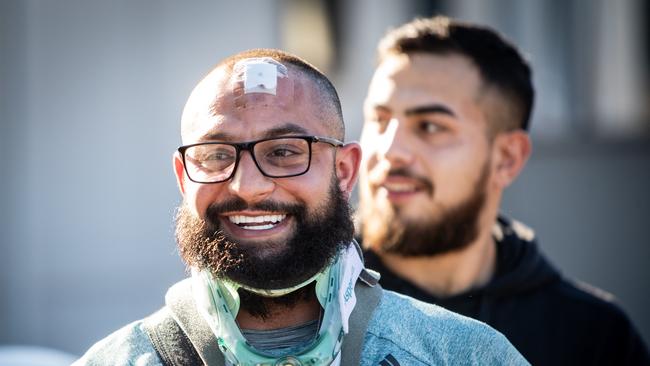 Mr Osman returning home from Westmead Hospital after being shot on August 6, 2021. (Picture: Julian Andrews).