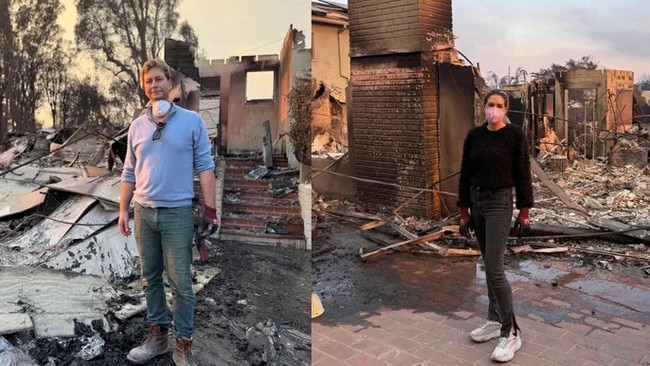 Sydney woman Vanessa Quinn and her husband, Devon, in the charred ruins of their Pacific Palisades home. Picture: GoFundMe