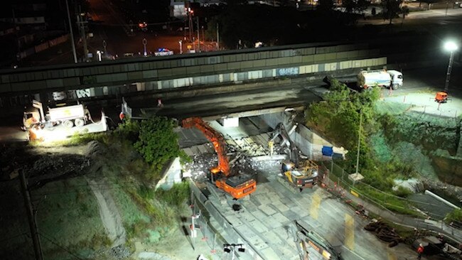 Aerial shot of night works to remove old bridges on the M1 as part of the $1 billion Varsity to Lakes to Tugun upgrade.