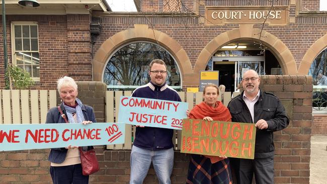 Rachel Russell and her ‘Respectful Representation’ ticket outside Moss Vale courthouse protesting toxic council culture.