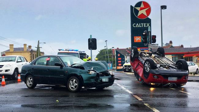 The three-vehicle crash on the corner of Antill St and Davey streets in Hobart yesterday afternoon. Picture: MATHEW FARRELL