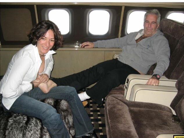 Ghislaine Maxwell massages Jeffrey Epstein on his private jet. Picture: Southern District Court of New York/AFP