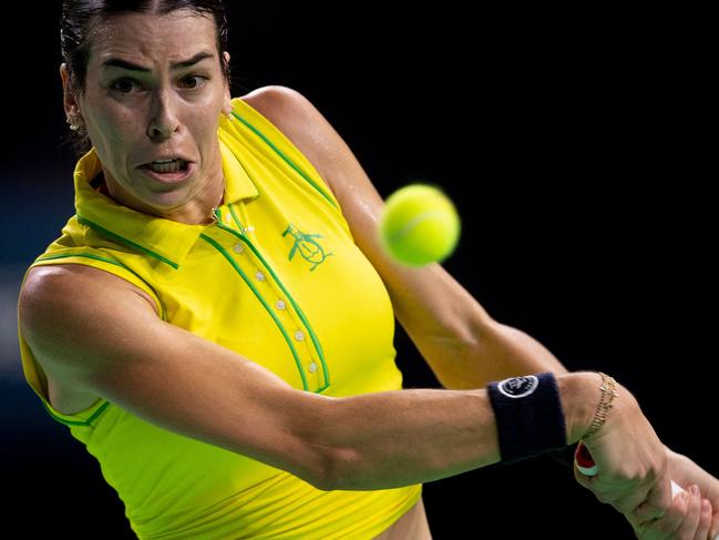 Australia's Ajla Tomljanovic returns the ball against Slovakia's Rebecca Sramkova during their quarter-finals singles tennis match between Australia and Slovakia at the Billie Jean King Cup Finals at the Palacio de Deportes Jose Maria Martin Carpena in Malaga, southern Spain, on November 17, 2024. (Photo by JORGE GUERRERO / AFP)