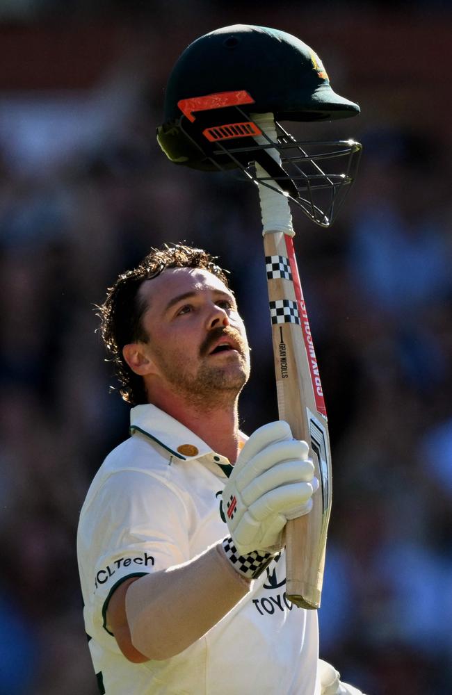 Australia's Travis Head celebrates his century against India at Adelaide Oval. Picture: AFP