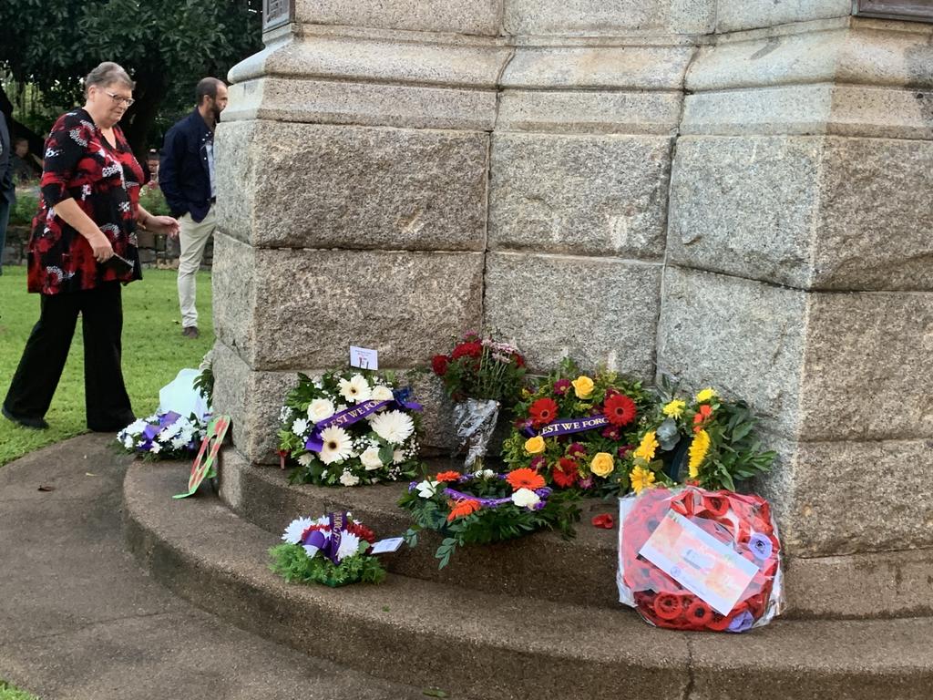 Wreaths at the Maryborough cenotaph on Anzac Day 2022.