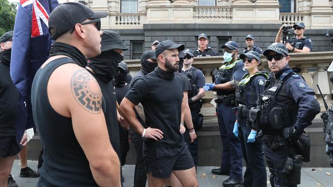 Protest groups faced off in front of the Victorian Parliament where UK far right activist Kellie-Jay Keen (AKA, Posie Parker) is due to speak. Picture: NCA NewsWire / David Crosling