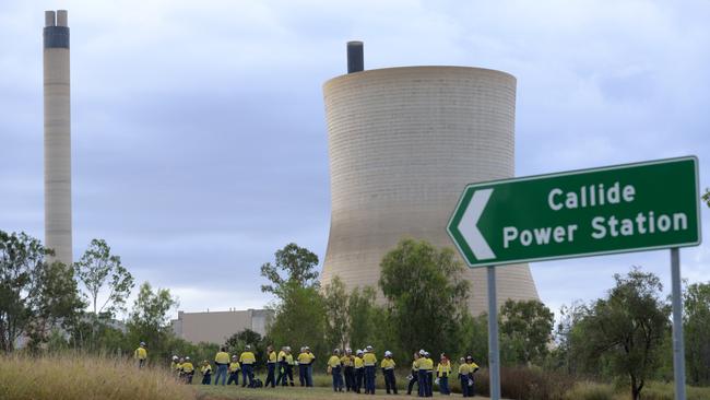 Workers from the Callide Power Station outside the site after the explosion. Picture: William Debois