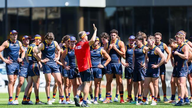 Darren Burgess in charge on the first day of Adelaide’s pre-season. Picture: James Elsby