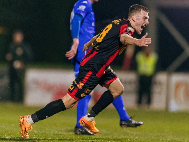 Luc Jeggo celebrates his goal for Preston Lions. Picture: Matt Johnson