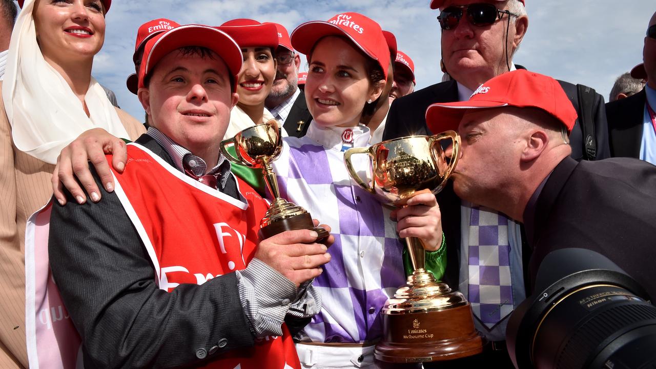 Jockey of Prince Of Penzance, Michelle Payne with trainer Darren Weir. Picture: Jay Town