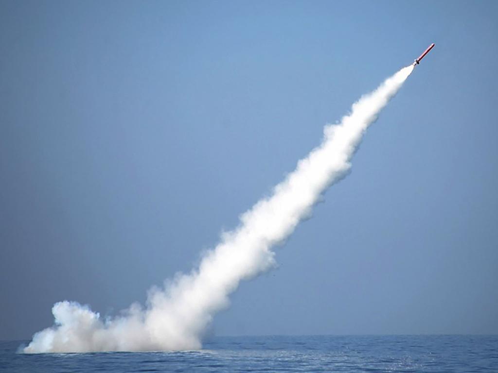 Handout image shows a Pakistani nuclear-capable cruise missile after being launched from a submarine during a test firing at an undisclosed location in Pakistan. Picture: AFP