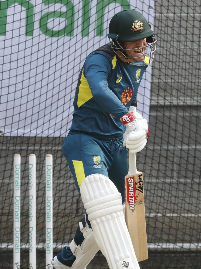 David Warner winces after a shot. Picture: Darrian Traynor/Getty