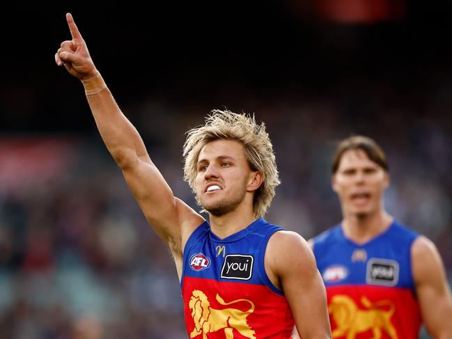 Kai Lohmann is one of the AFL’s most exuberant celebrators. Picture: Michael Willson/AFL Photos via Getty Images