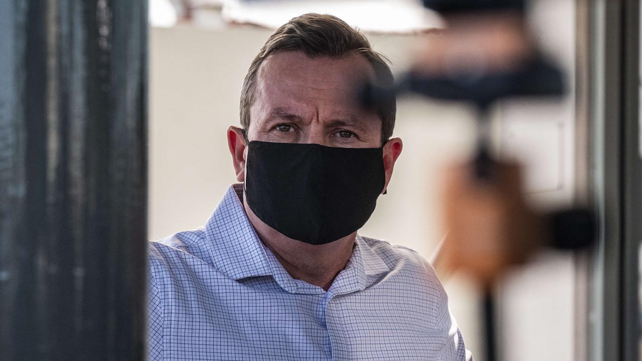 Mr McGowan dons a face mask while waiting to speak to the press today after a man left hotel quarantine and later tested positive to COVID-19. Picture: Tony McDonough/NCA NewsWire