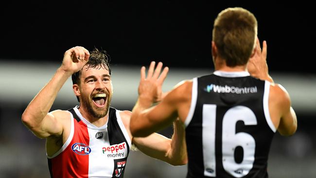 CAIRNS, AUSTRALIA – APRIL 30: Daniel McKenzie of the Saints celebrates kicking a goal during the round seven AFL match between the St Kilda Saints and the Port Adelaide Power at Cazaly's Stadium on April 30, 2022 in Cairns, Australia. (Photo by Albert Perez/AFL Photos via Getty Images)
