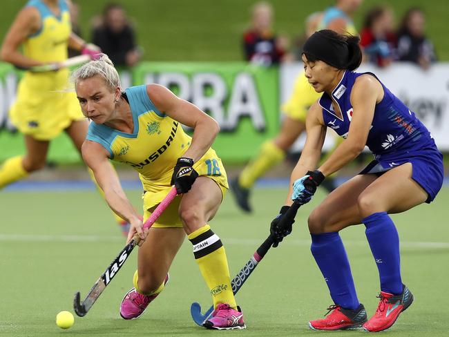 HOCKEY - Test Match - Australia v Japan at State Hockey Centre, Gepps Cross. Jane Claxton and Ayane Hirahara. Picture Sarah Reed