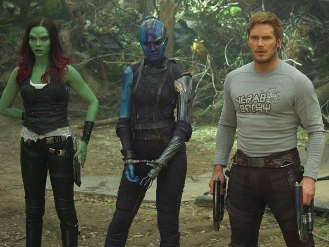 Gamora (Zoe Saldana), Nebula (Karen Gillan) and Star-Lord/Peter Quill (Chris Pratt) in a scene from the sequel. Picture: Marvel