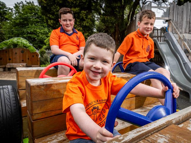 Mount Pleasant Road Primary School students Jordan, 10, Tate, 3, and Andrew, 7. Picture: Jake Nowakowski