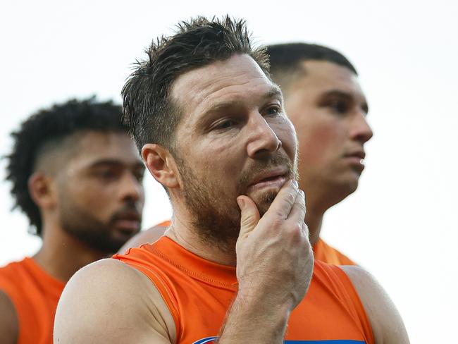 MELBOURNE, AUSTRALIA – JUNE 08: Toby Greene of the Giants looks dejected after a loss during the 2024 AFL Round 13 match between the Hawthorn Hawks and the GWS GIANTS at UTAS Stadium on June 08, 2024 in Launceston, Australia. (Photo by Dylan Burns/AFL Photos via Getty Images)