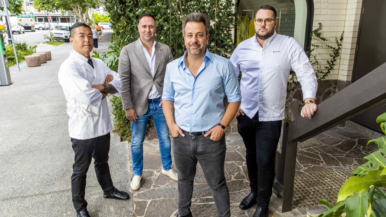 Shimpei Raikuni, Theo Kampolis, Simon Gloftis and Kelvin Andrews outside their new restaurant at Calile Hotel in Fortitude Valley. Picture: Richard Walker