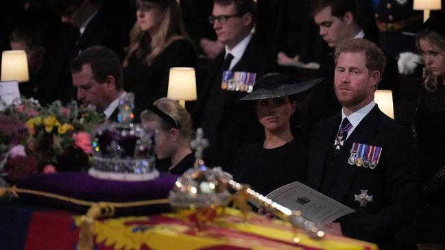 Meghan, Duchess of Sussex and Prince Harry, Duke of Sussex at the committal service in St George's Chapel inside Windsor Castle on September 19. Picture: AFP