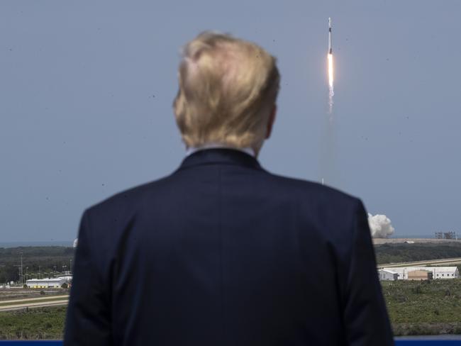 US President Donald Trump views the SpaceX flight to the International Space Station, at Kennedy Space Center, Saturday, May 30, 2020, in Cape Canaveral, Florida. Picture: AP Photo