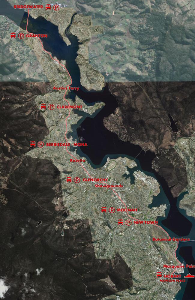 Graphic of proposed light rail stations from Hobart to Bridgewater