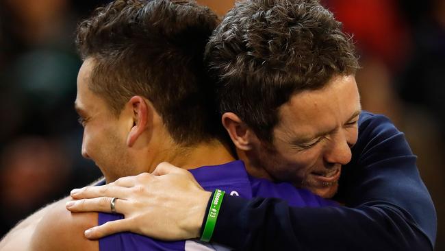 Luke Dahlhaus celebrates with Bob Murphy after beating GWS. Picture: Getty Images