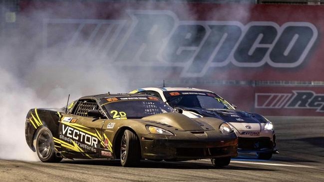 Patrick Barlee (front) and Saxon drifting around a corner at the Gold Coast 500 Boost Mobile Pro Drift Slam, 2024. Picture: James Forester.