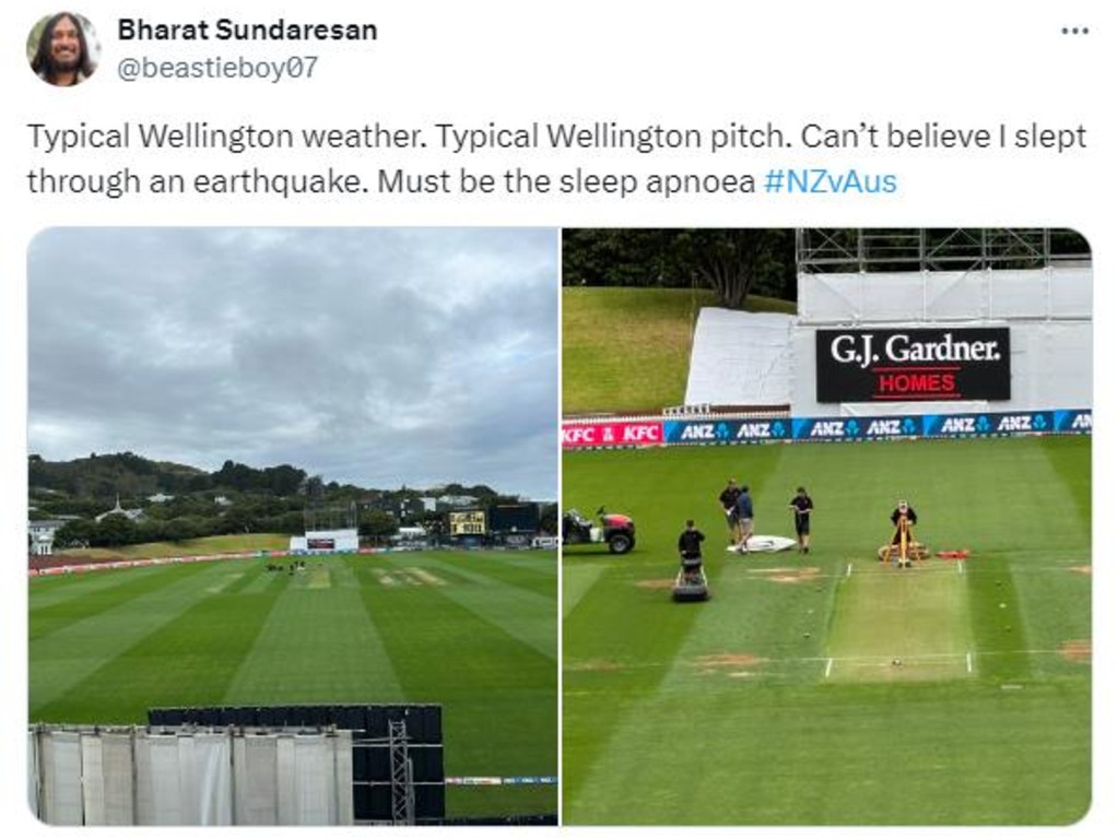 Cricket writer Bharat Sundaresan at the first Test match between Australia and New Zealand, which continued after the quake. Picture: X / Bharat Sundaresan