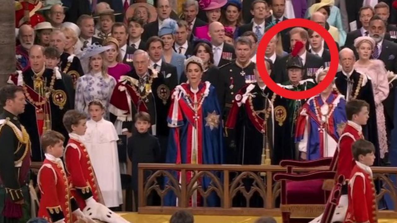 Prince Harry was blocked by his aunt’s feather hat at King Charles’ coronation. Picture: Sky News